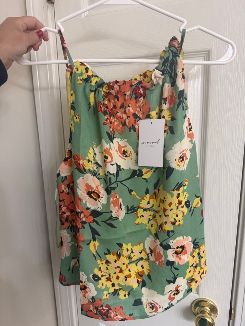 In mod new size smallGreen Floral Spaghetti-Strap Cami with Yellow & Coral Bloom